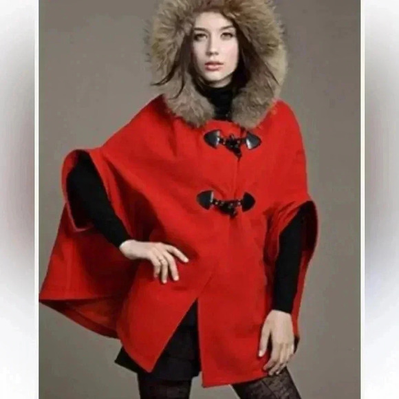 [12] Wool Blend Red Loose Batwing Sleeves  Poncho Hooded Coat Bow Cape Jacket - Picture 1 of 11